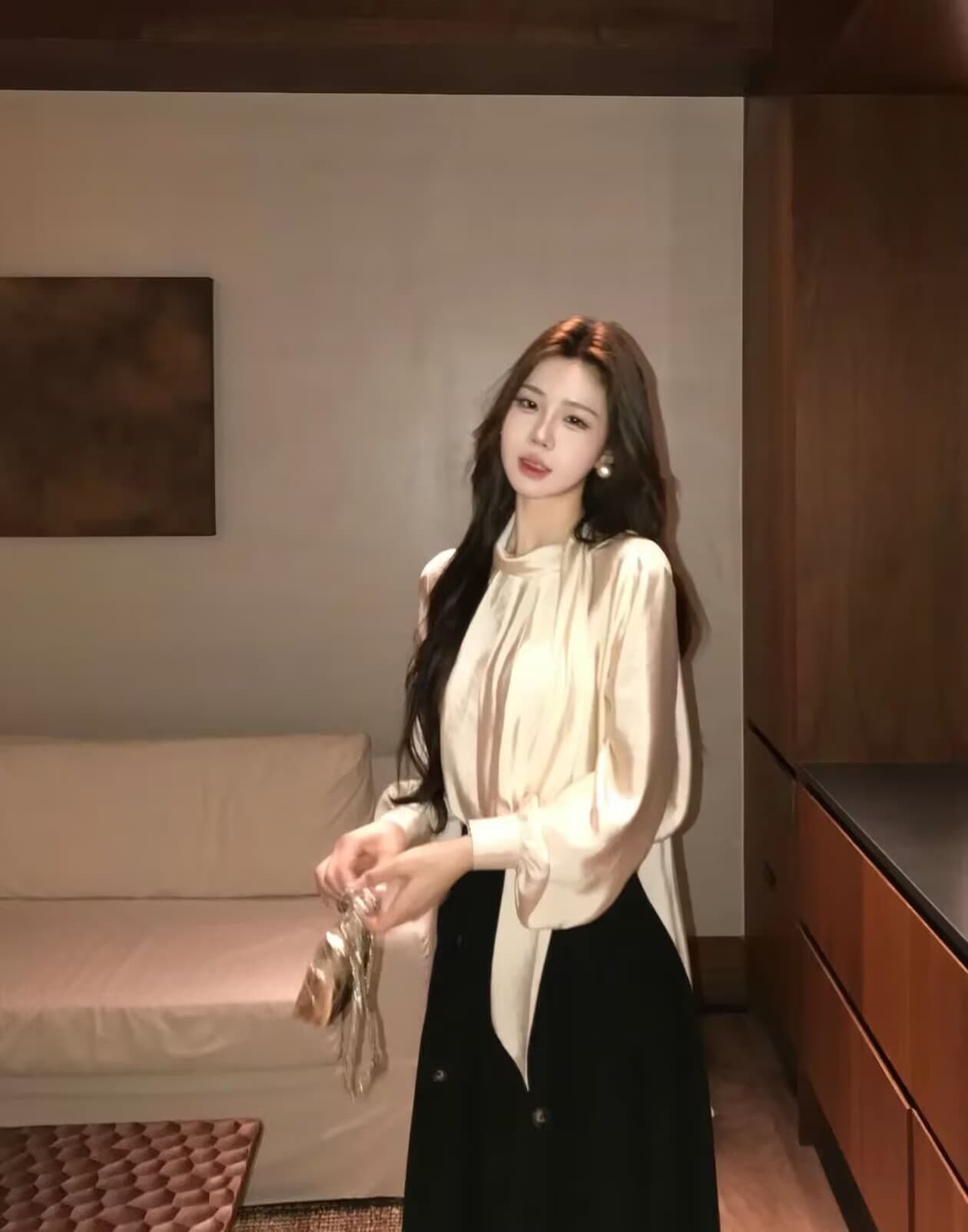부유 한 가족 천 골드 품격 분위기 센스 리본 새틴 광택 맨위 큰 진자 반신 치마 세트 상세 이미지 1