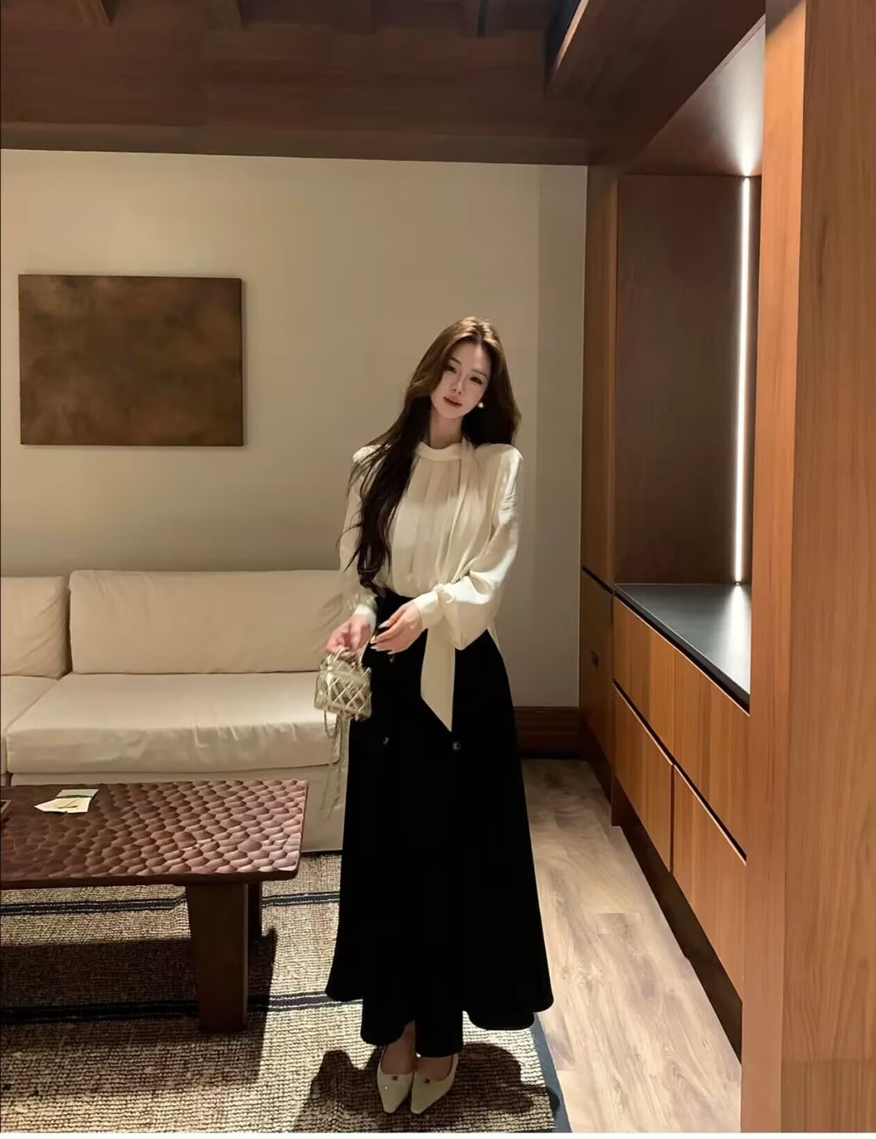 부유 한 가족 천 골드 품격 분위기 센스 리본 새틴 광택 맨위 큰 진자 반신 치마 세트 상세 이미지 4