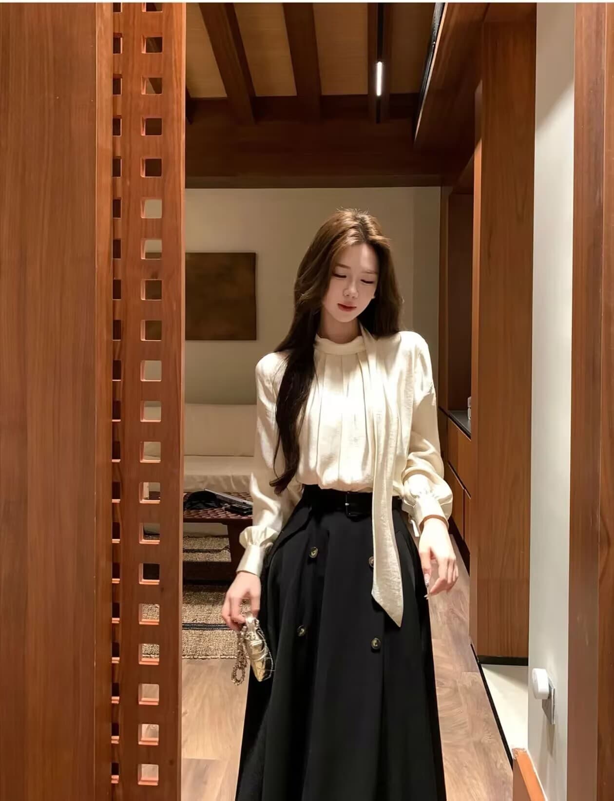 부유 한 가족 천 골드 품격 분위기 센스 리본 새틴 광택 맨위 큰 진자 반신 치마 세트 상세 이미지 7