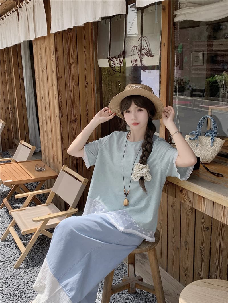 실사 여름 라운드 넥 풀오버 기본 셔츠 불규칙 레이스 조각 반팔 레이스 바지 이미지 3