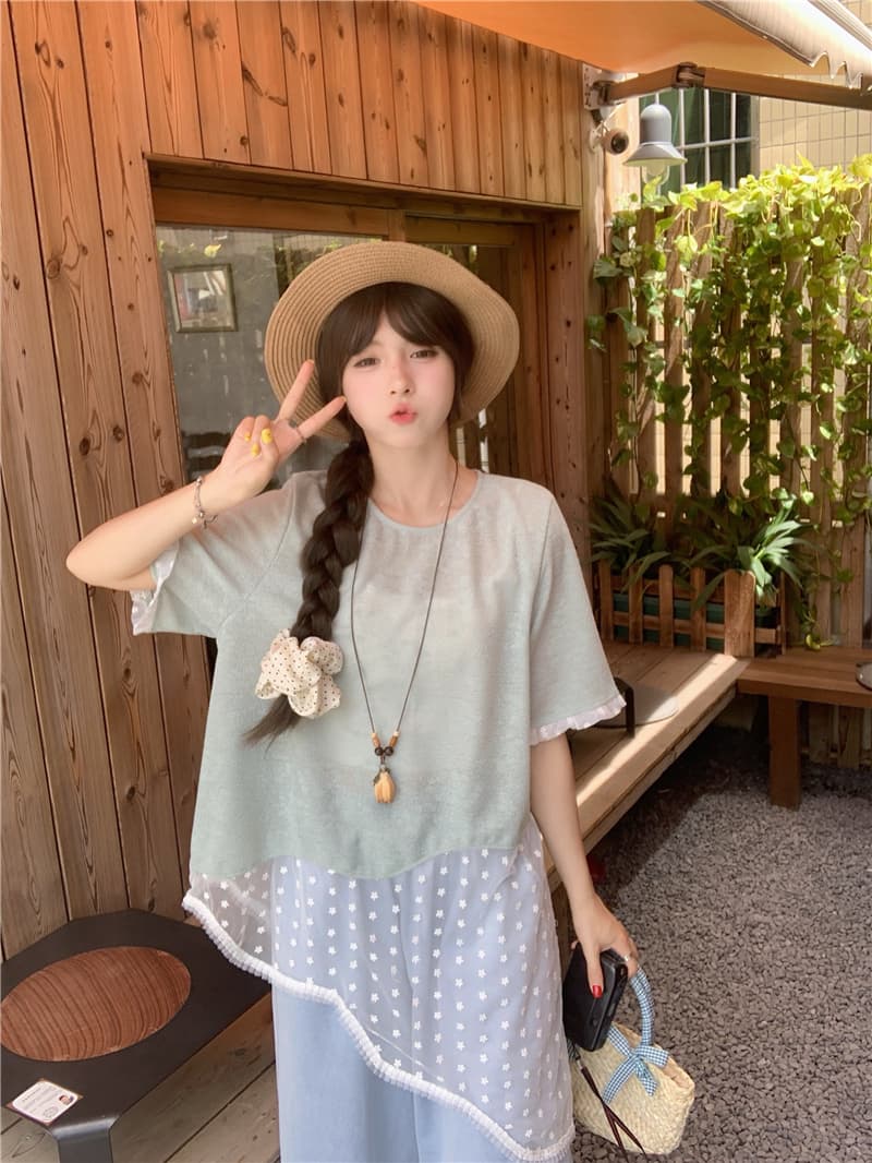 실사 여름 라운드 넥 풀오버 기본 셔츠 불규칙 레이스 조각 반팔 레이스 바지 상세 이미지 2