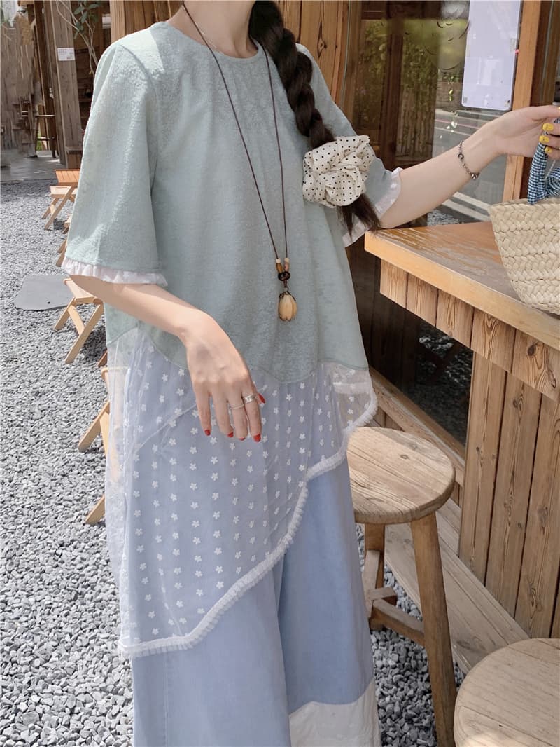 실사 여름 라운드 넥 풀오버 기본 셔츠 불규칙 레이스 조각 반팔 레이스 바지 상세 이미지 5