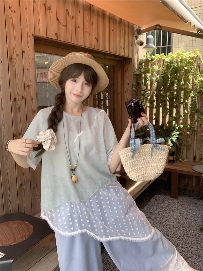 실사 여름 라운드 넥 풀오버 기본 셔츠 불규칙 레이스 조각 반팔 레이스 바지 상세 이미지 9