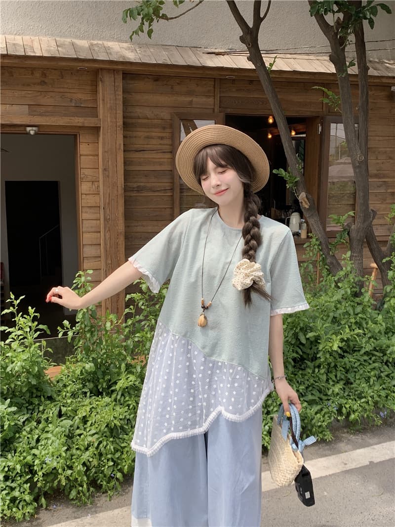 실사 여름 라운드 넥 풀오버 기본 셔츠 불규칙 레이스 조각 반팔 레이스 바지 상세 이미지 11