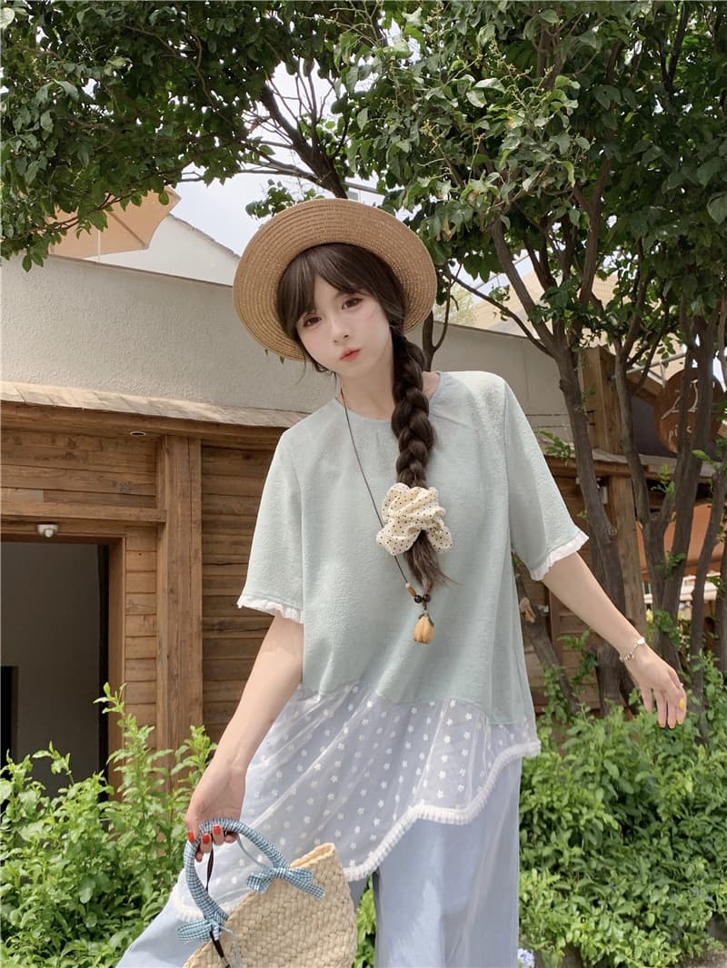 실사 여름 라운드 넥 풀오버 기본 셔츠 불규칙 레이스 조각 반팔 레이스 바지 상세 이미지 12