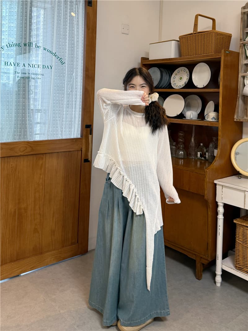 실사 스웨터 슬립 불규칙 긴팔 티셔츠 청바지 이미지 3