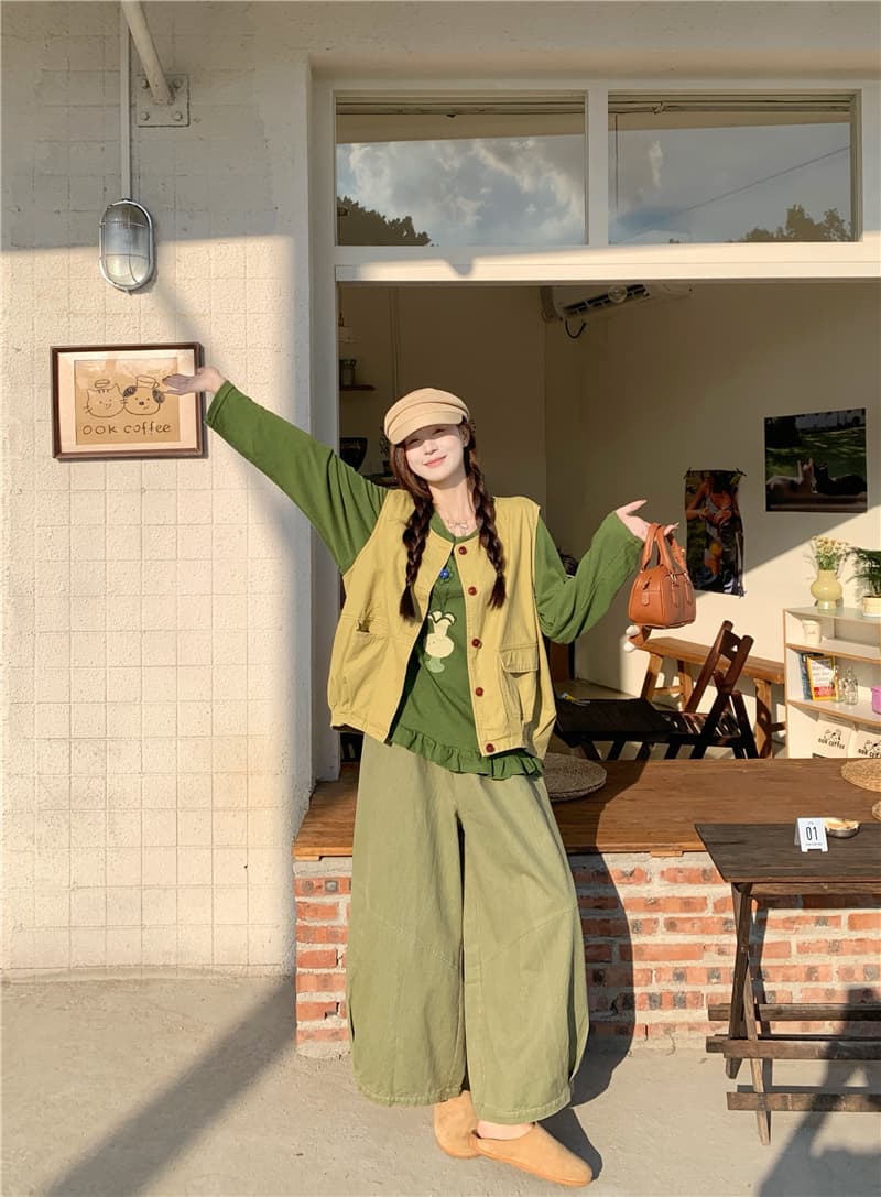 실사 일본식 귀여운 프린트 티셔츠 베스트 캐주얼 바지 상세 이미지 5