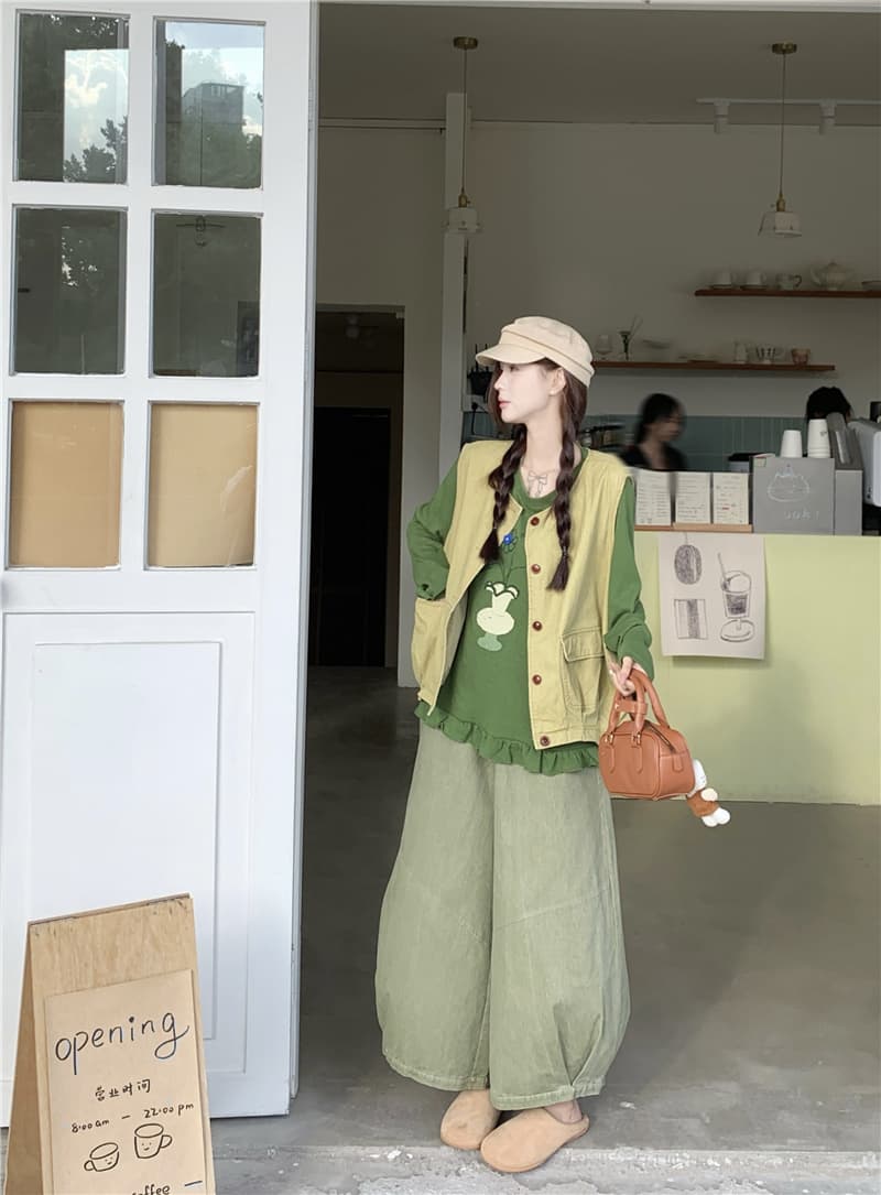 실사 일본식 귀여운 프린트 티셔츠 베스트 캐주얼 바지 상세 이미지 6