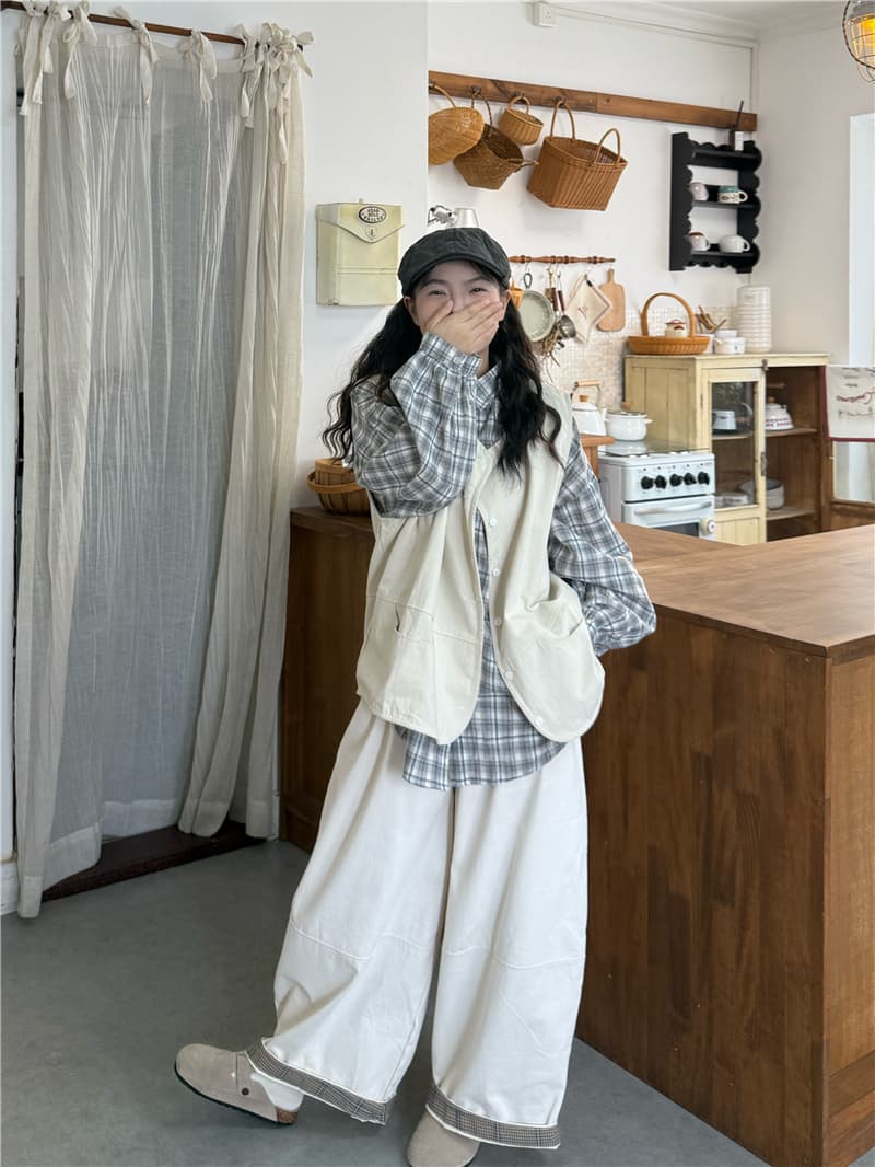 실사 격자 무늬 셔츠 베스트 캐주얼 바지