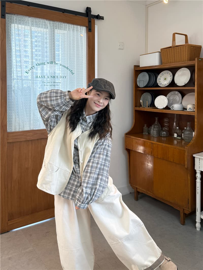 실사 격자 무늬 셔츠 베스트 캐주얼 바지 상세 이미지 6