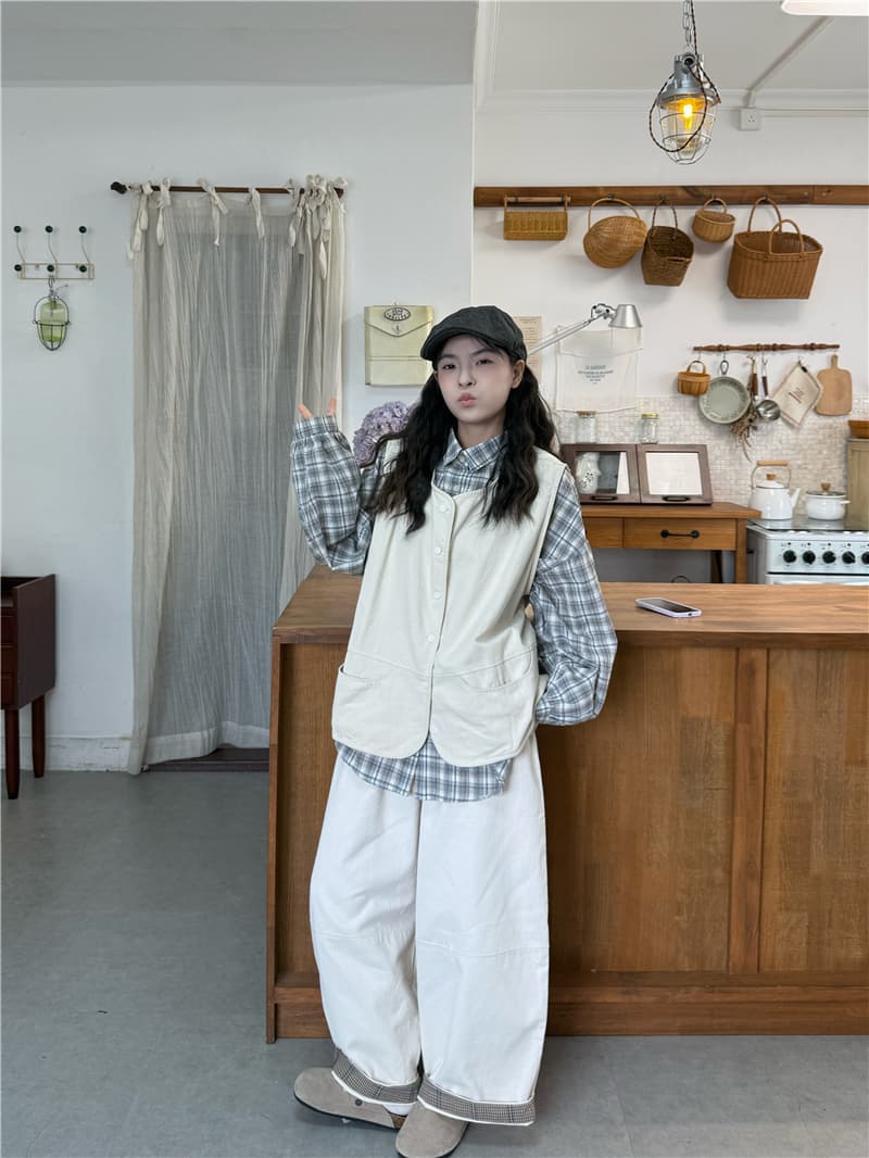 실사 격자 무늬 셔츠 베스트 캐주얼 바지 상세 이미지 9