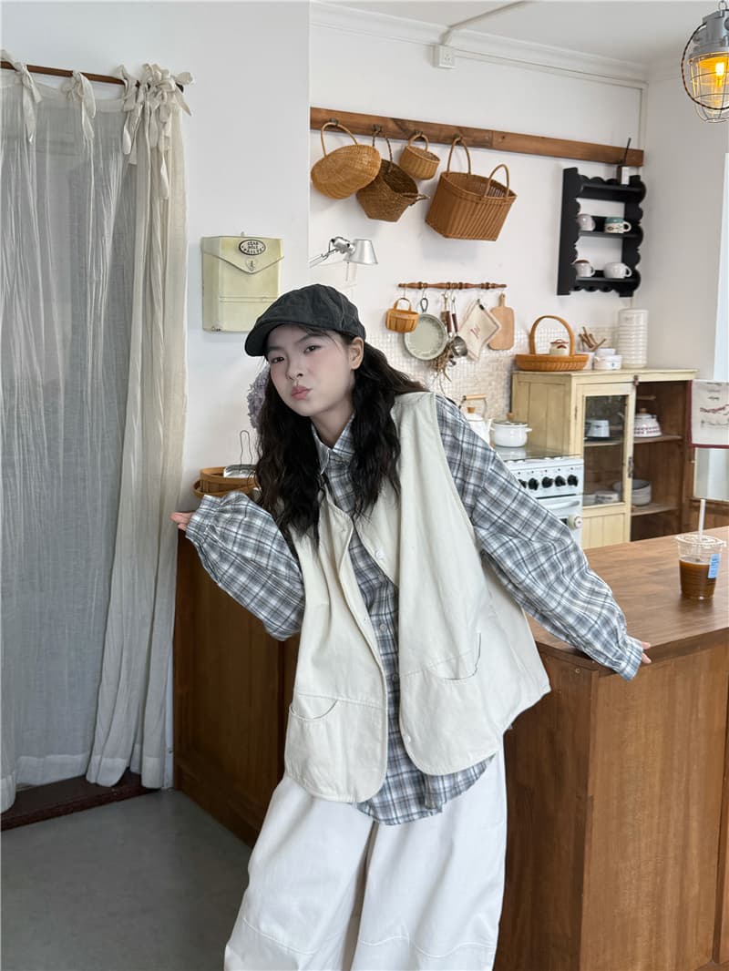 실사 격자 무늬 셔츠 베스트 캐주얼 바지 상세 이미지 10