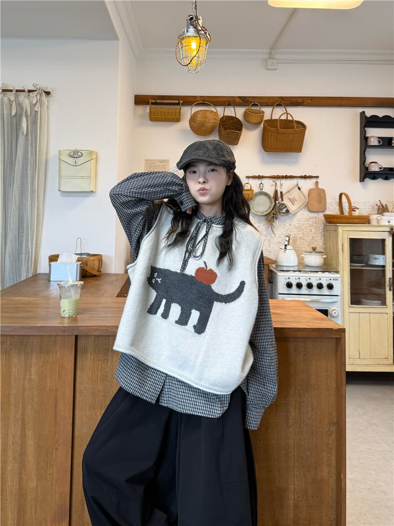 실사 체크무늬 레이스 업 셔츠 풀오버 베스트 캐주얼 바지 이미지 3
