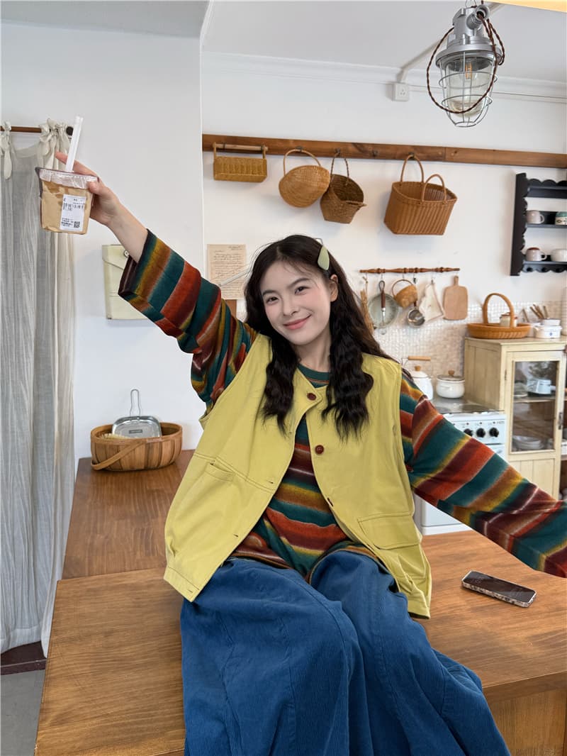 실사 일본식 무지개 기사 외국 가스 Chic 느긋한 라운드 넥 레트로 긴팔 t+ 빅 포켓 베스트 캐주얼 바지 이미지 3