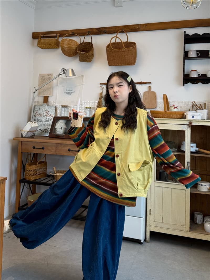 실사 일본식 무지개 기사 외국 가스 Chic 느긋한 라운드 넥 레트로 긴팔 t+ 빅 포켓 베스트 캐주얼 바지 상세 이미지 4