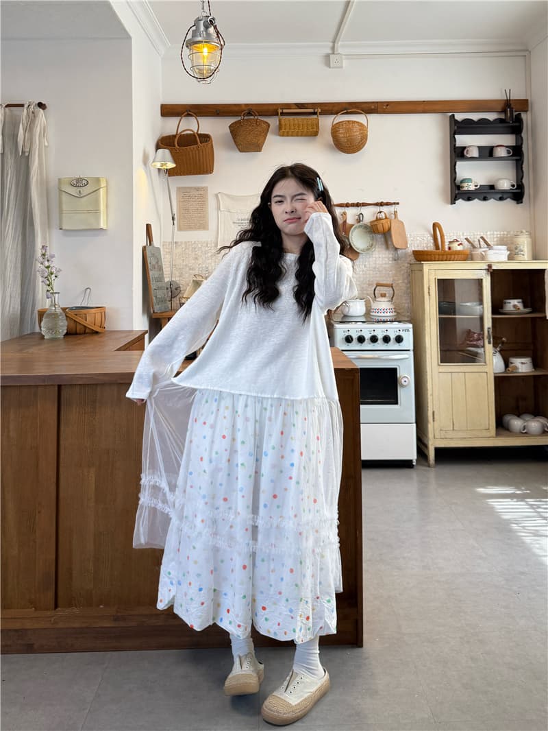 실사 일본식 레트로 자수 베스트 화이트 t 롱 스커트 도트 무늬 반 스커트 상세 이미지 10