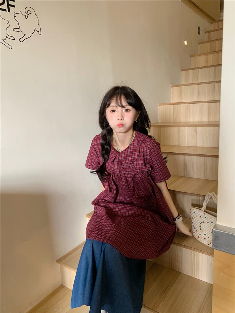 실사 체크무늬 나비 매듭 드레스 청바지 이미지 4