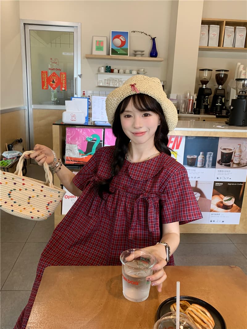 실사 체크무늬 나비 매듭 드레스 청바지 상세 이미지 3