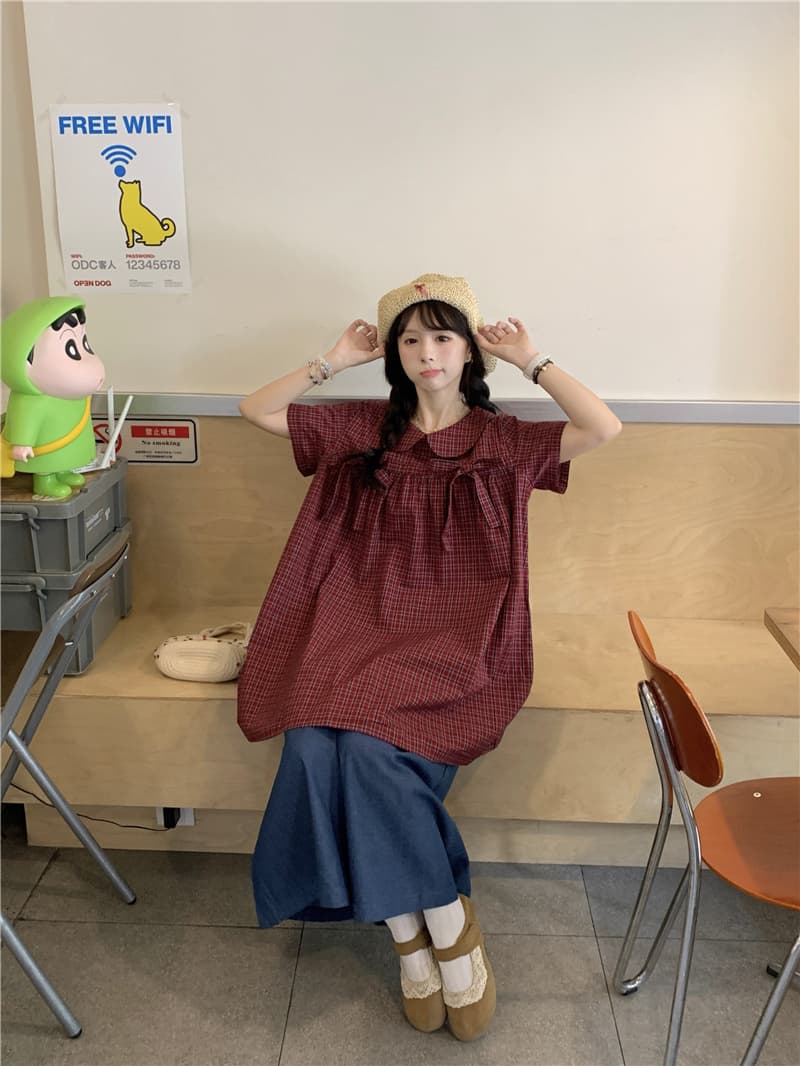 실사 체크무늬 나비 매듭 드레스 청바지 상세 이미지 6