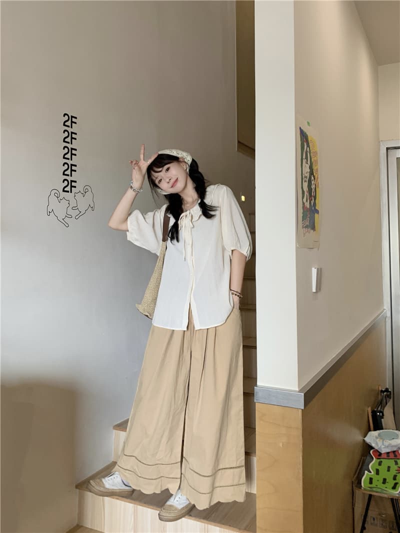 실사 레이스 칼라 셔츠 캐주얼 바지 상세 이미지 1