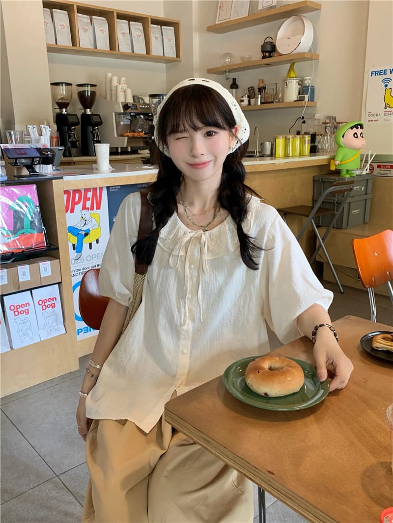 실사 레이스 칼라 셔츠 캐주얼 바지 상세 이미지 2