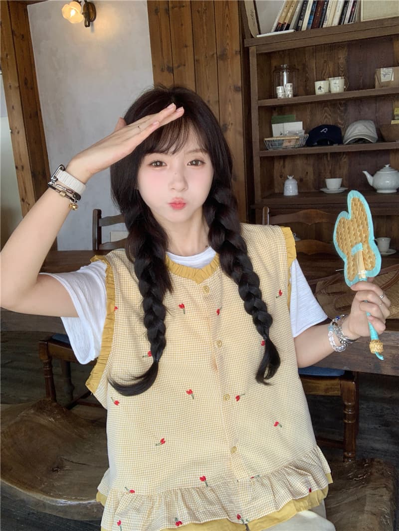 실사 체크무늬 자수 베스트 티셔츠 캐주얼 바지 이미지 2