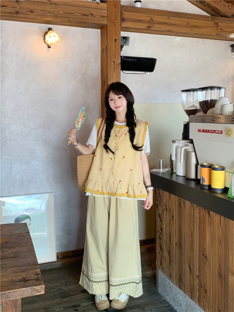 실사 체크무늬 자수 베스트 티셔츠 캐주얼 바지 상세 이미지 1