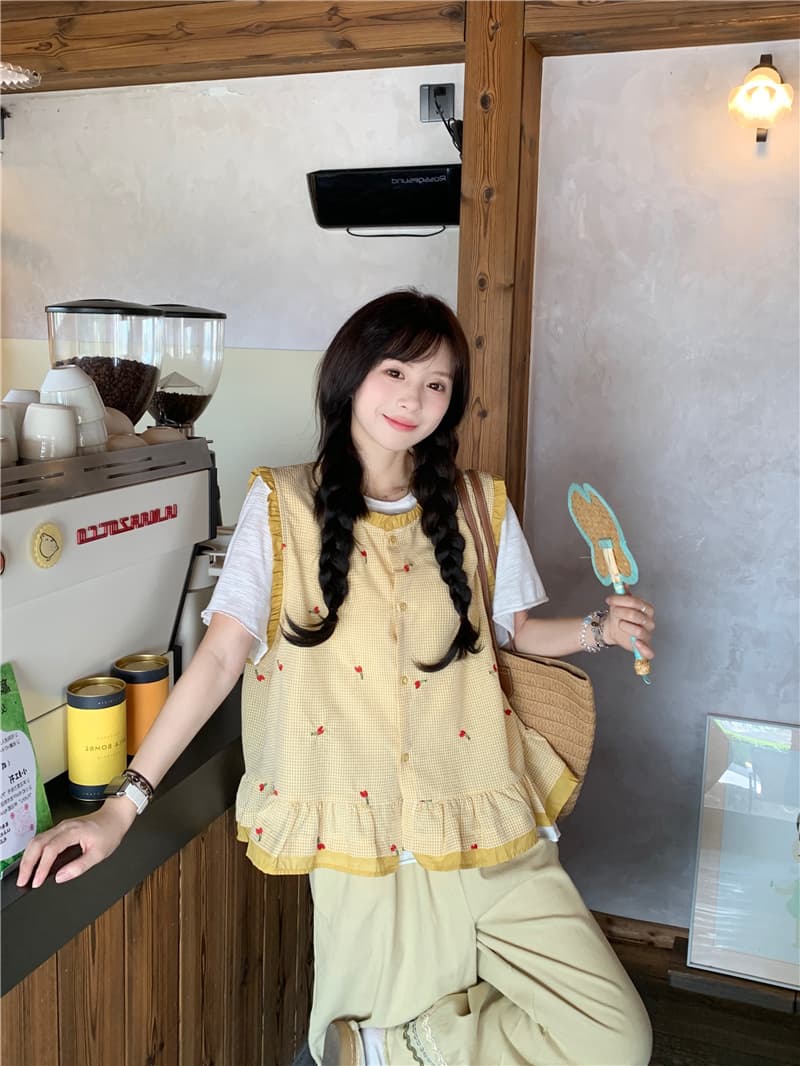 실사 체크무늬 자수 베스트 티셔츠 캐주얼 바지 상세 이미지 13