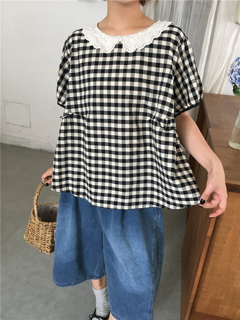 실사 체크무늬 베이비 칼라 셔츠 데님 7부 바지 이미지 3