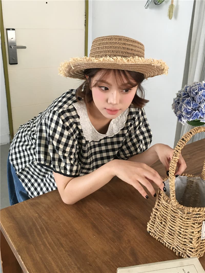 실사 체크무늬 베이비 칼라 셔츠 데님 7부 바지 상세 이미지 3