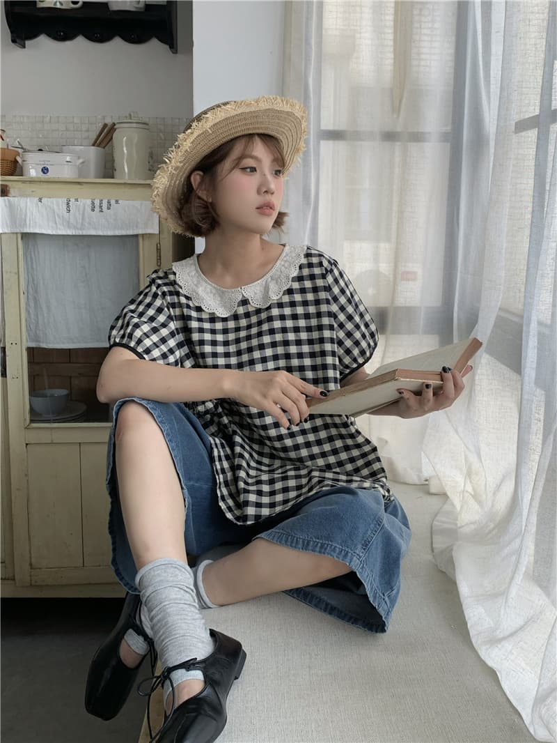 실사 체크무늬 베이비 칼라 셔츠 데님 7부 바지 상세 이미지 6