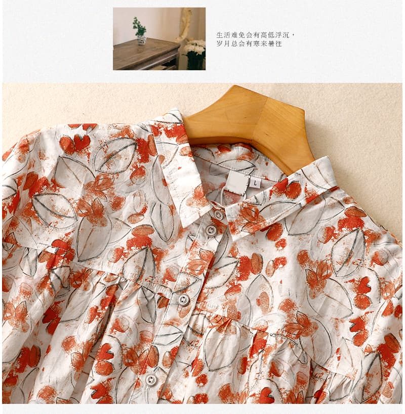 실사 여름 센 부서 순면 프린트 셔츠 레트로 문예 루즈핏 빅 사이즈 폴로 칼라 셔츠 여성 셔츠 790# 상세 이미지 5