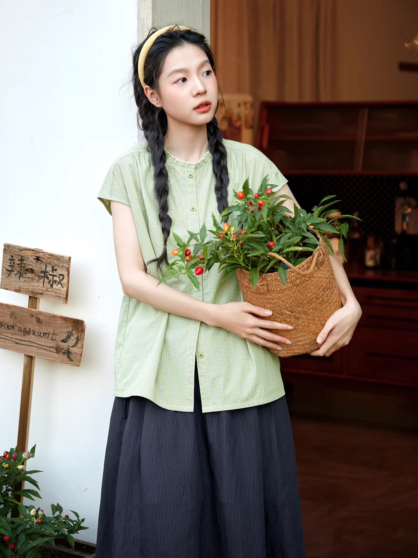 문예 순면 녹색 체크무늬 여성 셔츠 여름 루즈핏 프릴 라운드 넥 셔츠 캐주얼 맨위 이미지 3