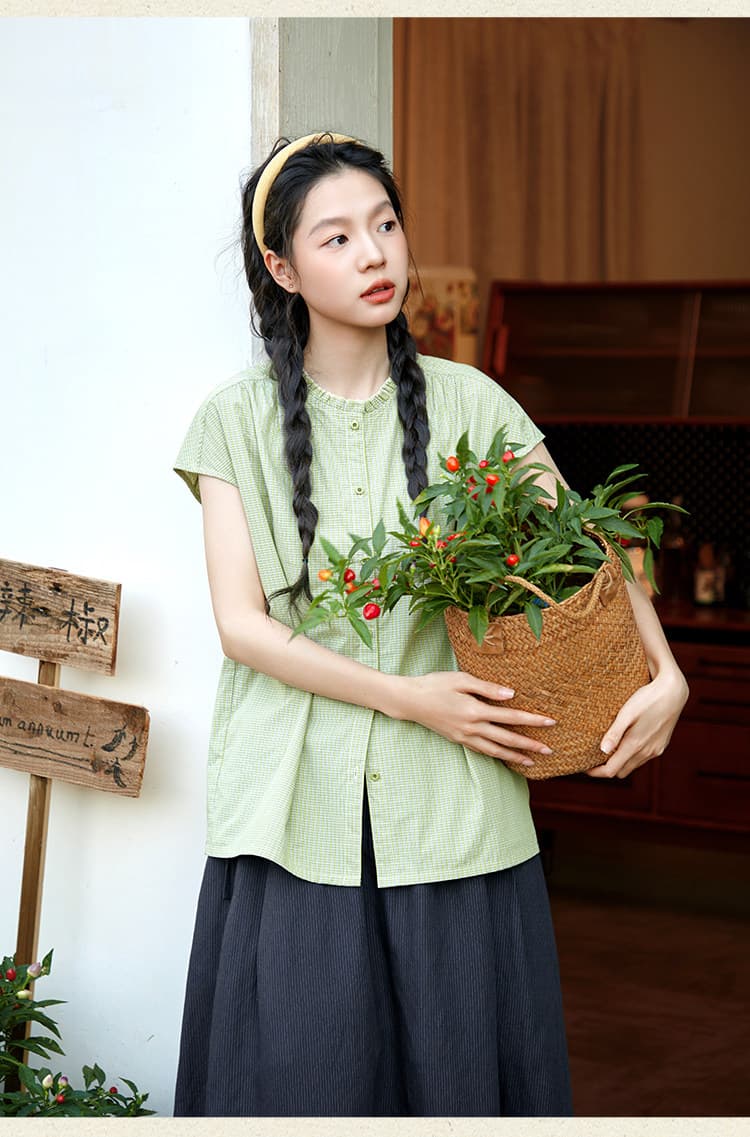 문예 순면 녹색 체크무늬 여성 셔츠 여름 루즈핏 프릴 라운드 넥 셔츠 캐주얼 맨위 상세 이미지 5