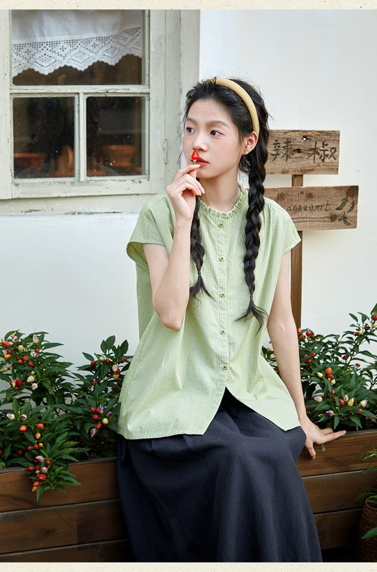 문예 순면 녹색 체크무늬 여성 셔츠 여름 루즈핏 프릴 라운드 넥 셔츠 캐주얼 맨위 상세 이미지 8