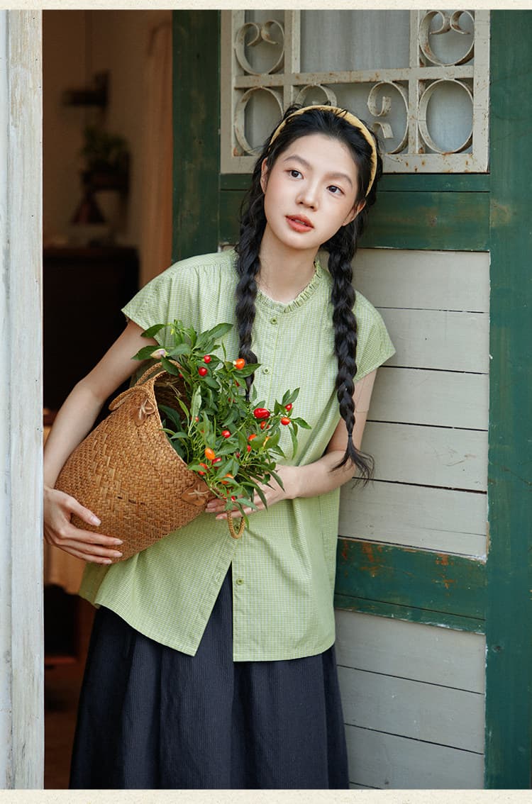 문예 순면 녹색 체크무늬 여성 셔츠 여름 루즈핏 프릴 라운드 넥 셔츠 캐주얼 맨위 상세 이미지 10