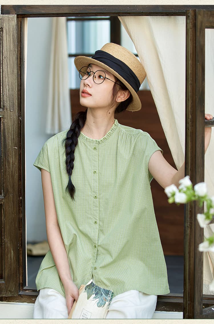 문예 순면 녹색 체크무늬 여성 셔츠 여름 루즈핏 프릴 라운드 넥 셔츠 캐주얼 맨위 상세 이미지 12