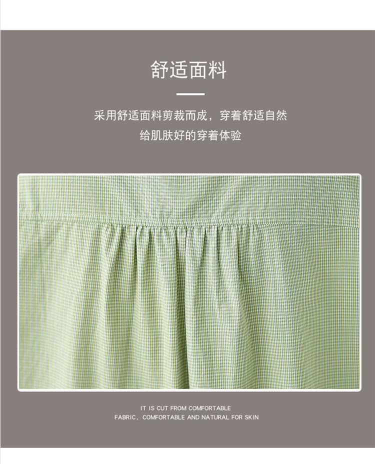 실사 문예 순면 녹색 체크무늬 여성 셔츠 여름 루즈핏 프릴 라운드 넥 셔츠 캐주얼 맨위 상세 이미지 6