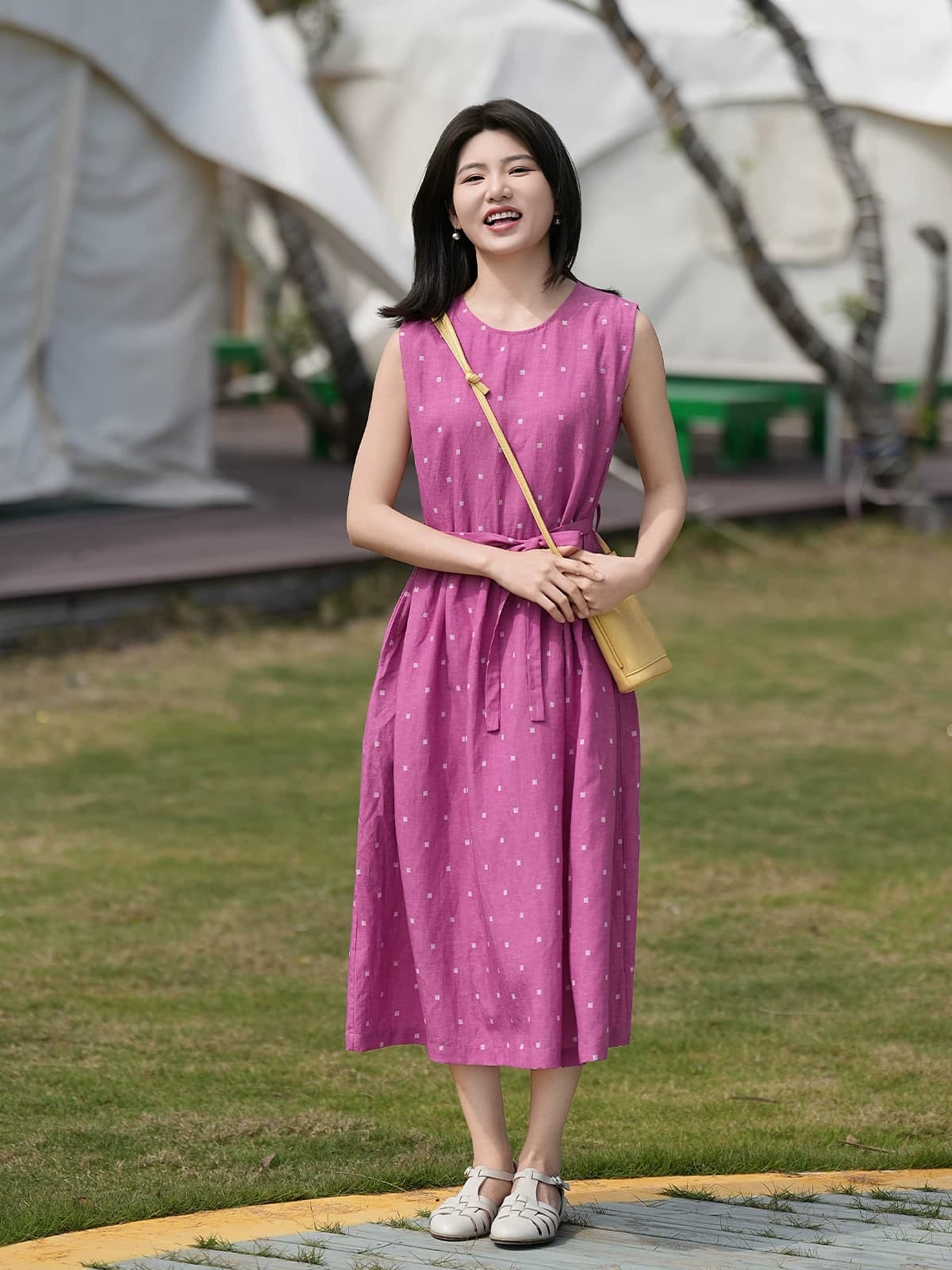문예 레트로 아마 주간 실크 민소매 도트 무늬 여성 드레스 허리 수축 슬림해 보이는 연령 감소 작은 조끼 스커트