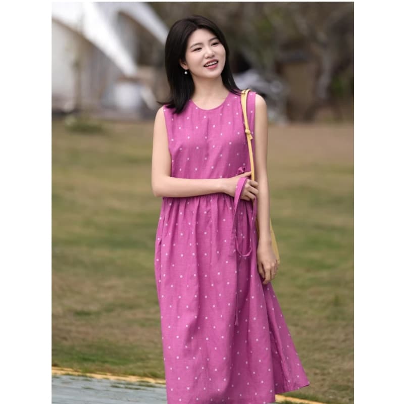 문예 레트로 아마 주간 실크 민소매 도트 무늬 여성 드레스 허리 수축 슬림해 보이는 연령 감소 작은 조끼 스커트 이미지 5
