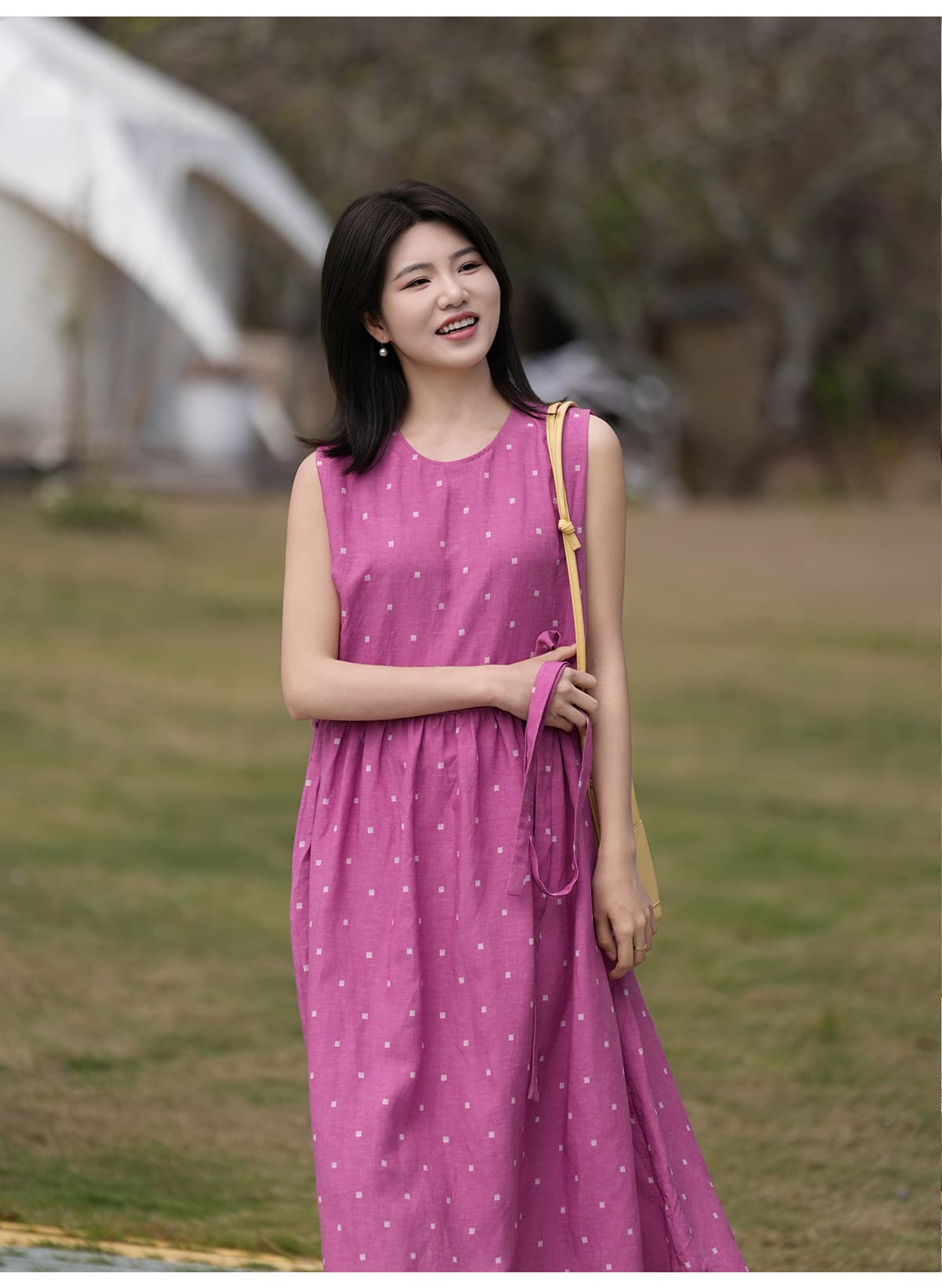 문예 레트로 아마 주간 실크 민소매 도트 무늬 여성 드레스 허리 수축 슬림해 보이는 연령 감소 작은 조끼 스커트 상세 이미지 8