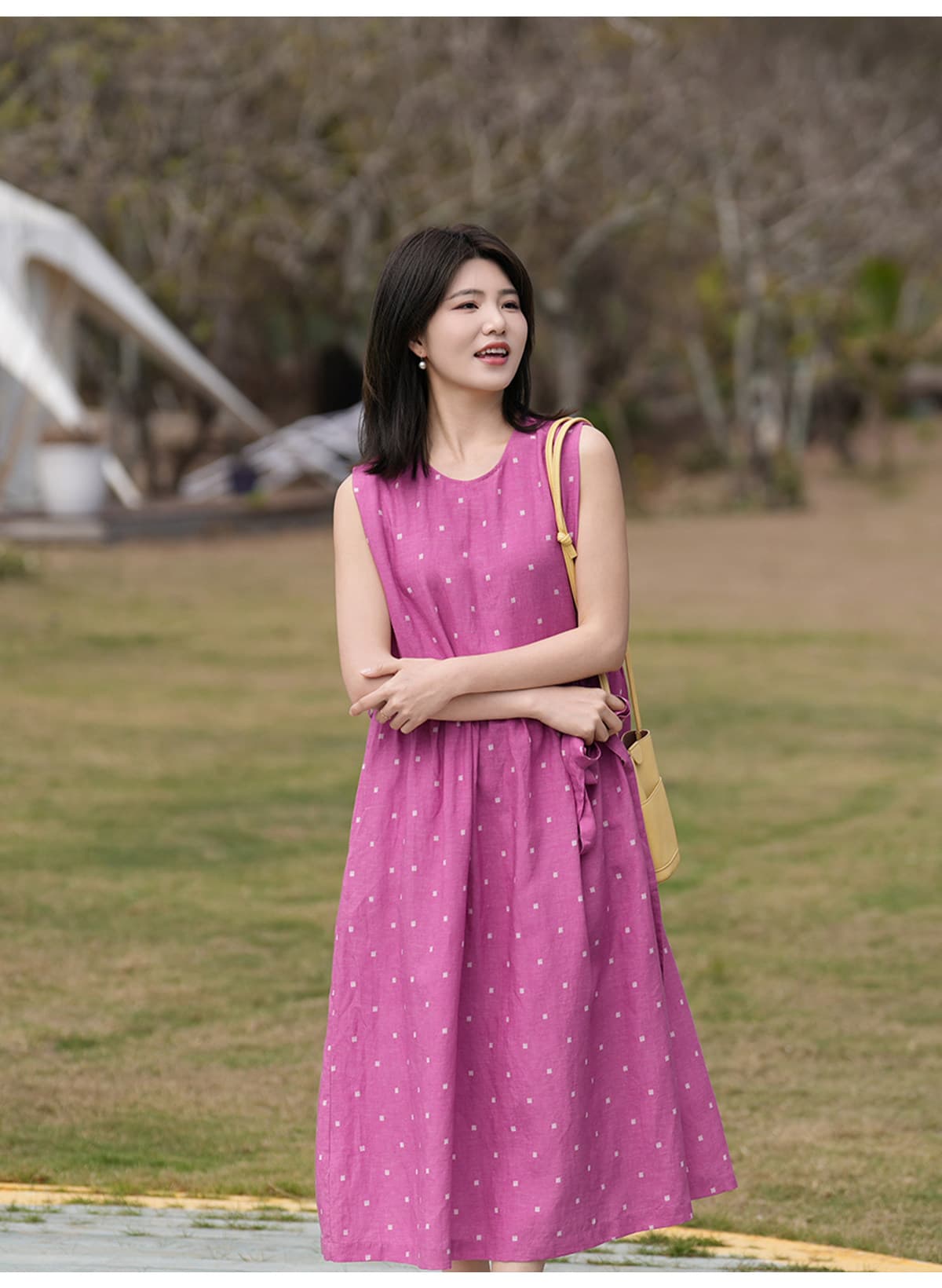 문예 레트로 아마 주간 실크 민소매 도트 무늬 여성 드레스 허리 수축 슬림해 보이는 연령 감소 작은 조끼 스커트 상세 이미지 9