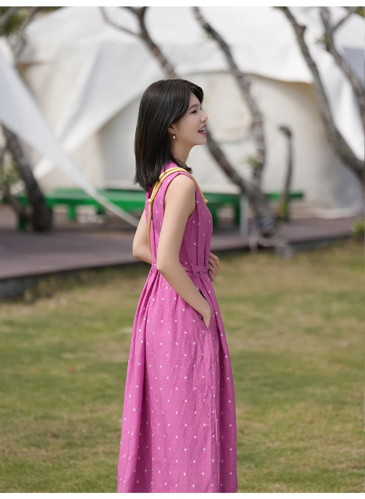 문예 레트로 아마 주간 실크 민소매 도트 무늬 여성 드레스 허리 수축 슬림해 보이는 연령 감소 작은 조끼 스커트 상세 이미지 18