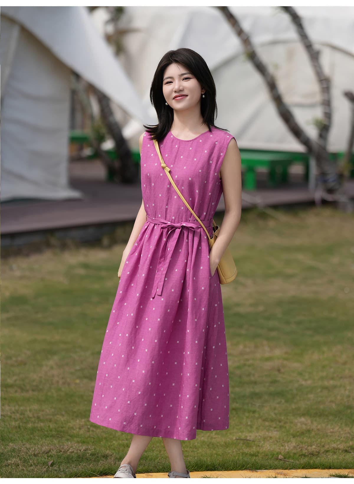 문예 레트로 아마 주간 실크 민소매 도트 무늬 여성 드레스 허리 수축 슬림해 보이는 연령 감소 작은 조끼 스커트 상세 이미지 20