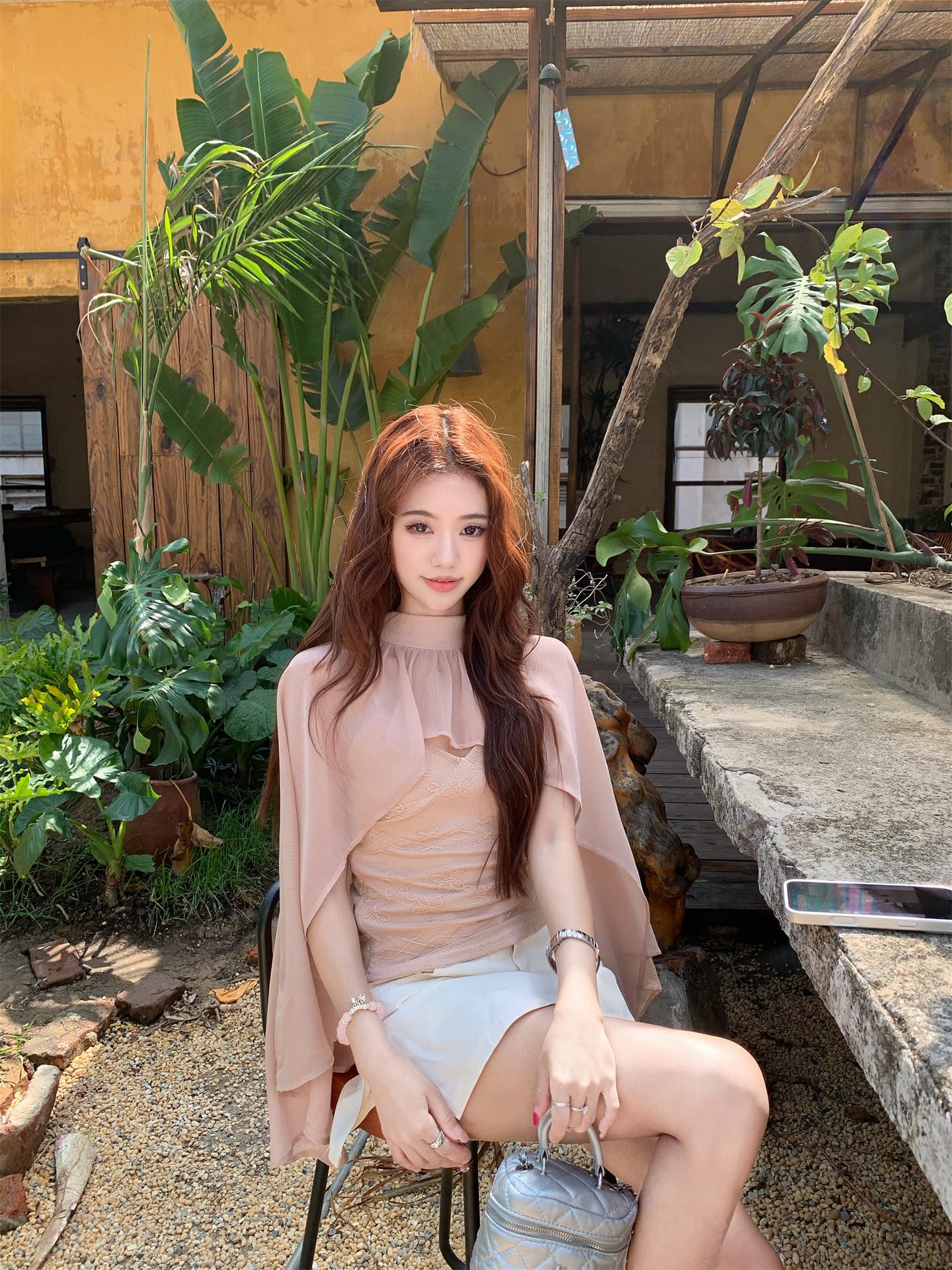 실사 한 부서 ins 바람 쉬폰 작은 숄 레이스 슬립 투피스 세트