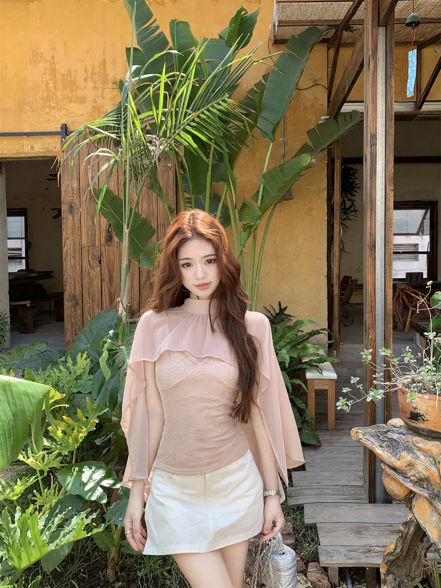 실사 한 부서 ins 바람 쉬폰 작은 숄 레이스 슬립 투피스 세트 이미지 2