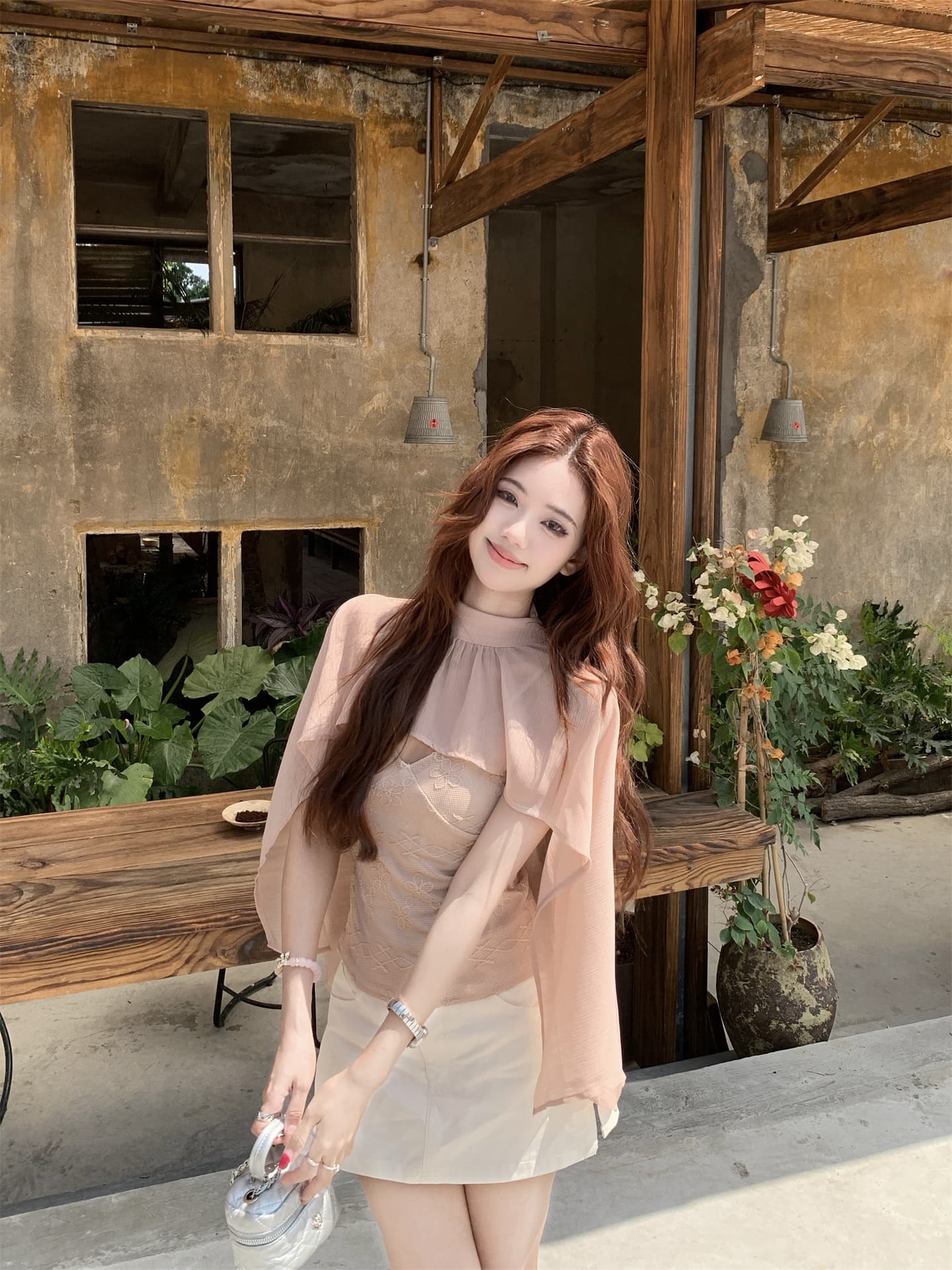 실사 한 부서 ins 바람 쉬폰 작은 숄 레이스 슬립 투피스 세트 상세 이미지 4