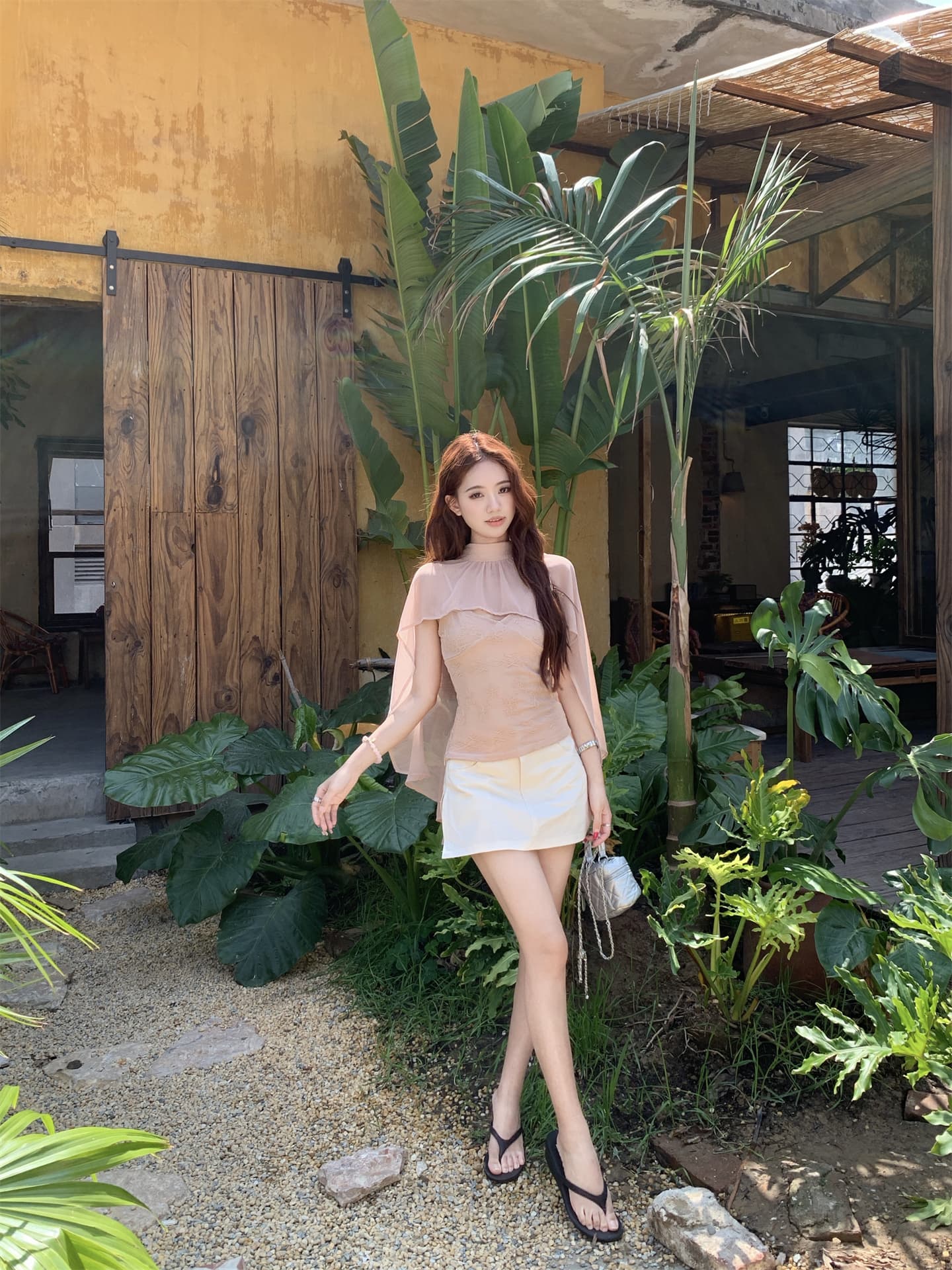 실사 한 부서 ins 바람 쉬폰 작은 숄 레이스 슬립 투피스 세트 상세 이미지 7