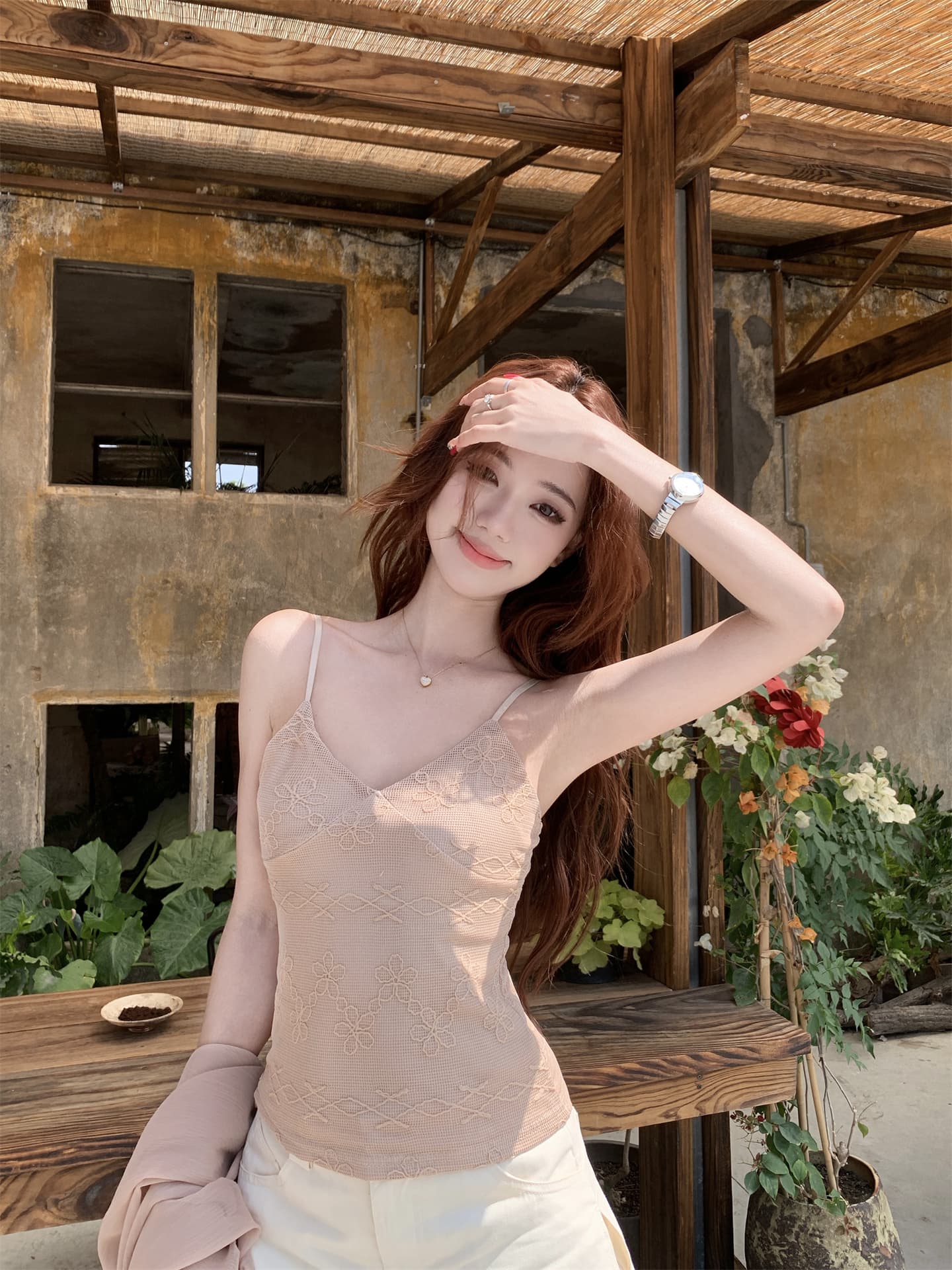 실사 한 부서 ins 바람 쉬폰 작은 숄 레이스 슬립 투피스 세트 상세 이미지 14