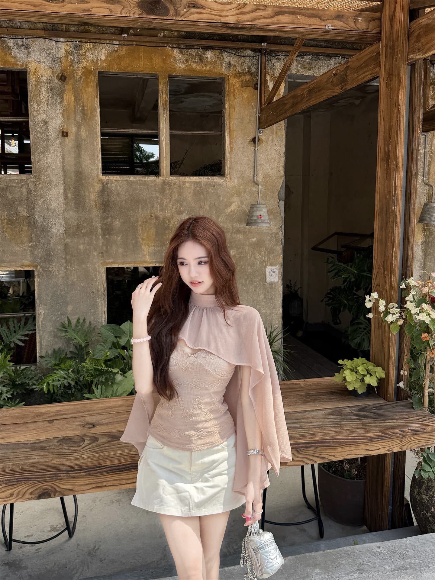 실사 한 부서 ins 바람 쉬폰 작은 숄 레이스 슬립 투피스 세트 상세 이미지 16